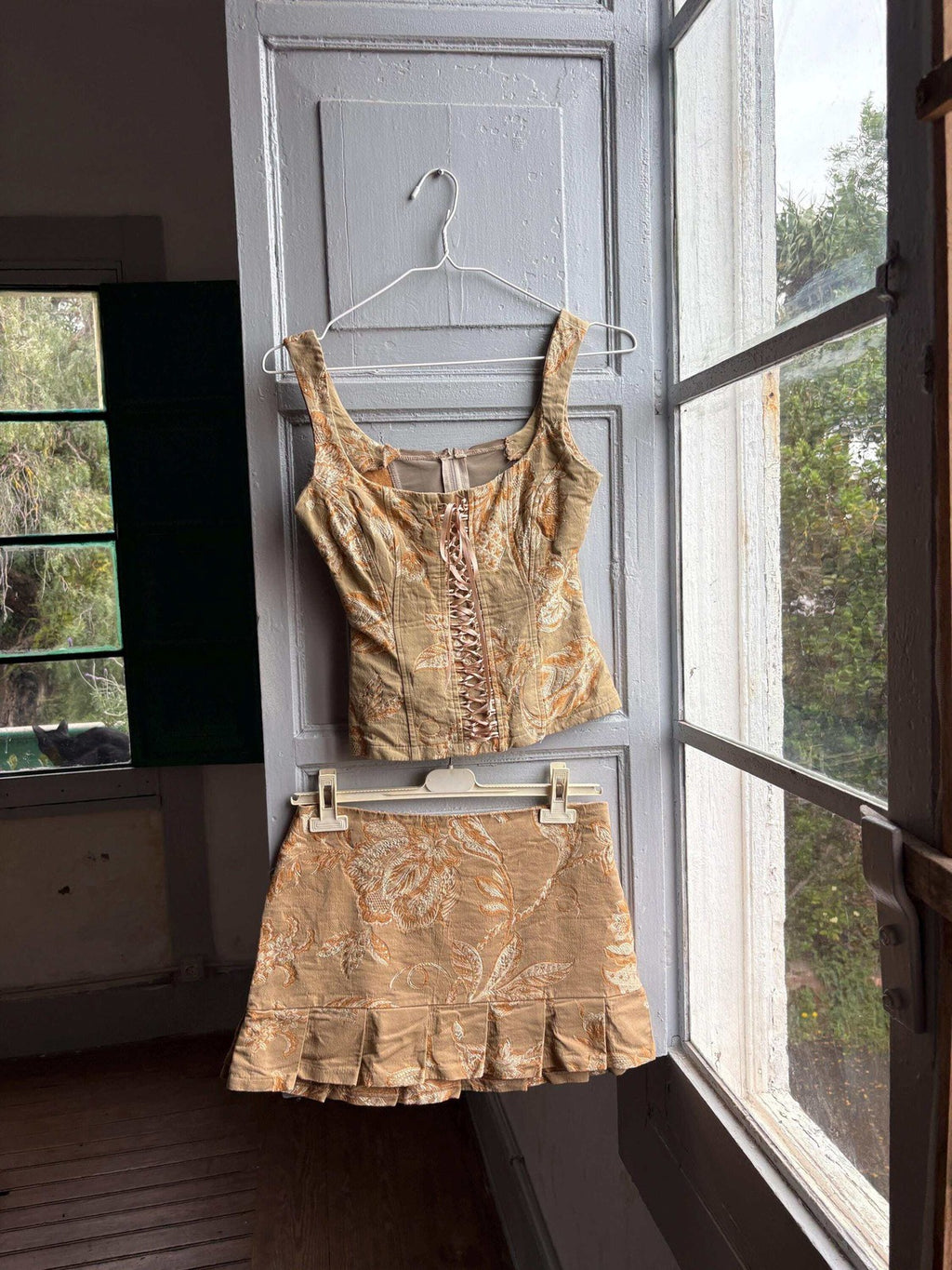 Y2K Brocade Two Piece Set Gold Floral Corset Top and Mini Skirt