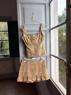 Y2K Brocade Two Piece Set Gold Floral Corset Top and Mini Skirt