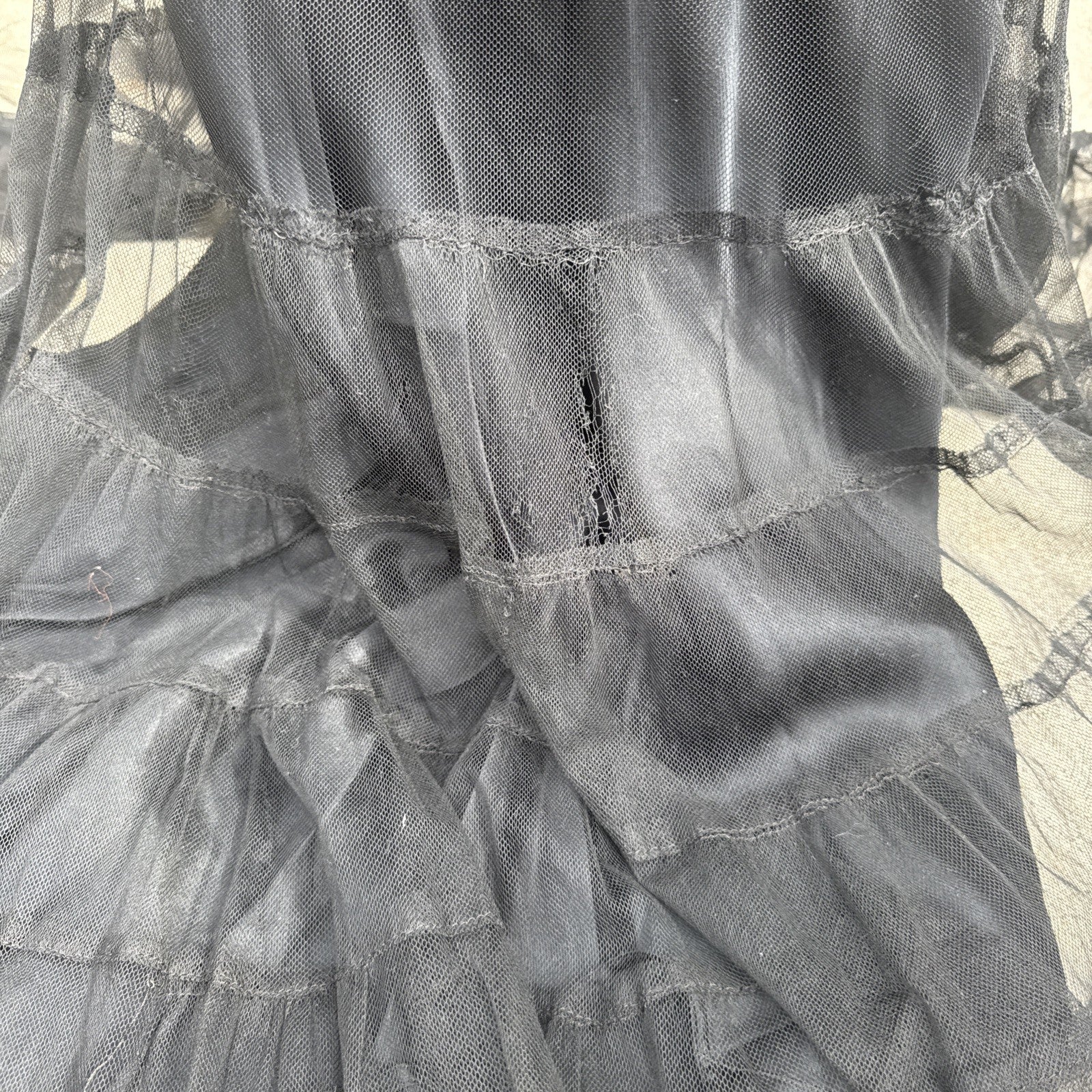 Vintage 1930s Black Mesh Net Gown Ruffles Low Back Bias Cut Art Deco Maxi Dress