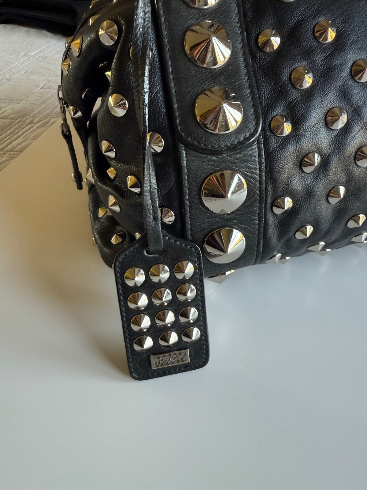 BE&D The Garbo Black Lambskin Leather Studded Bell-Shaped Satchel
