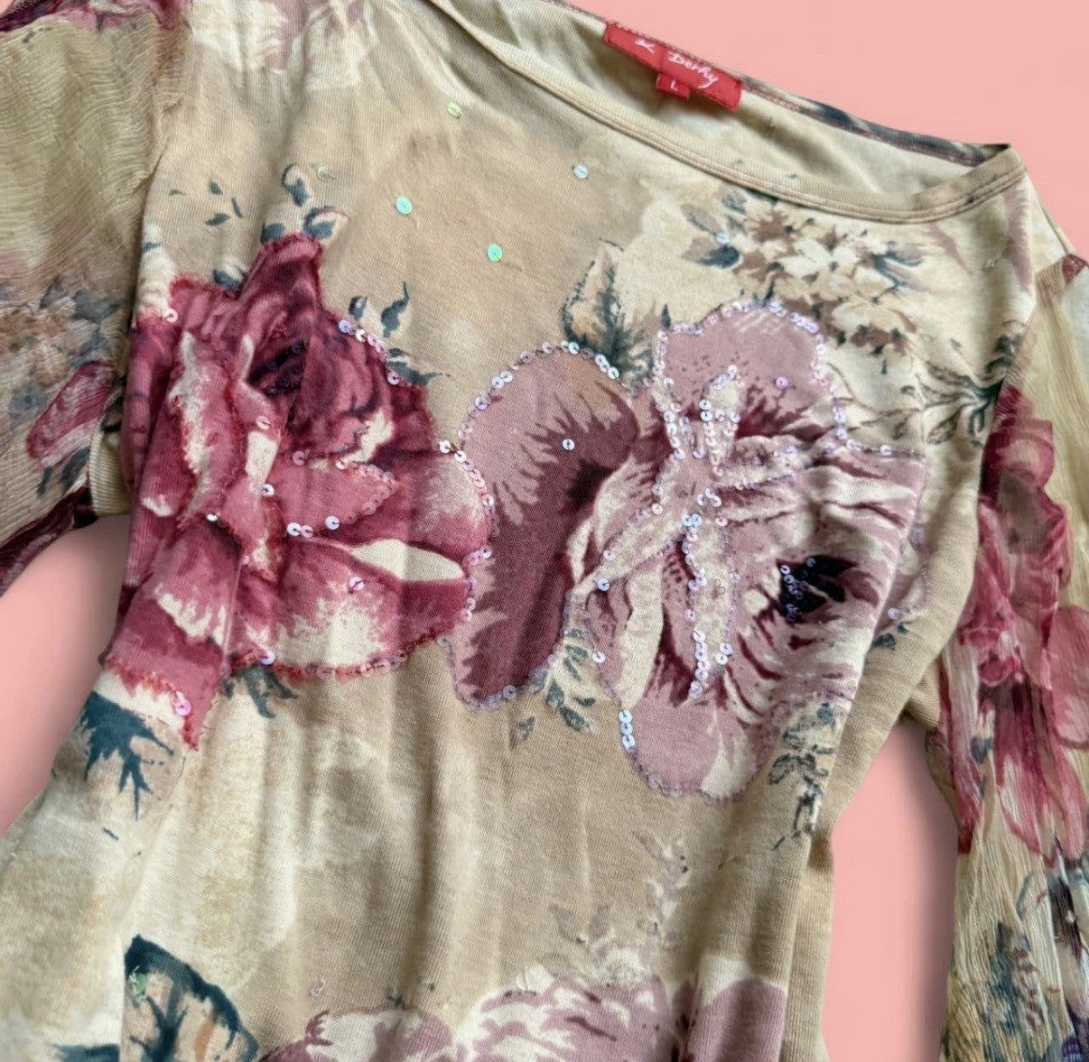 Rene Derhy Beige Floral Embellished Top and Skirt Set Large