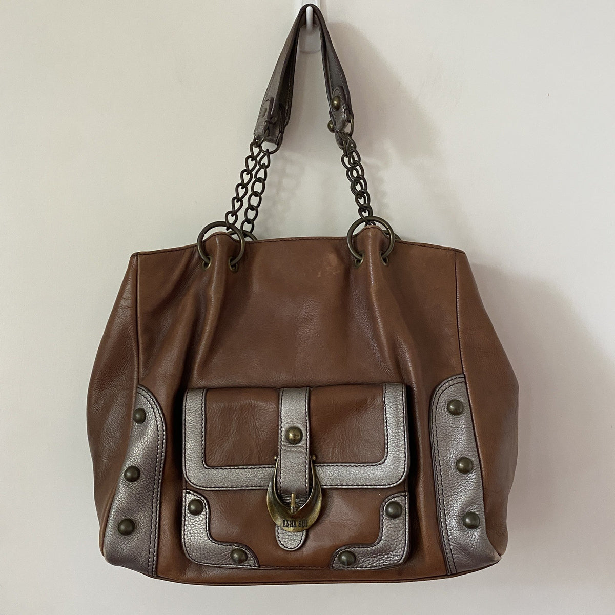 Anna Sui Brown Pewter Studded Leather Chain Tote Bag