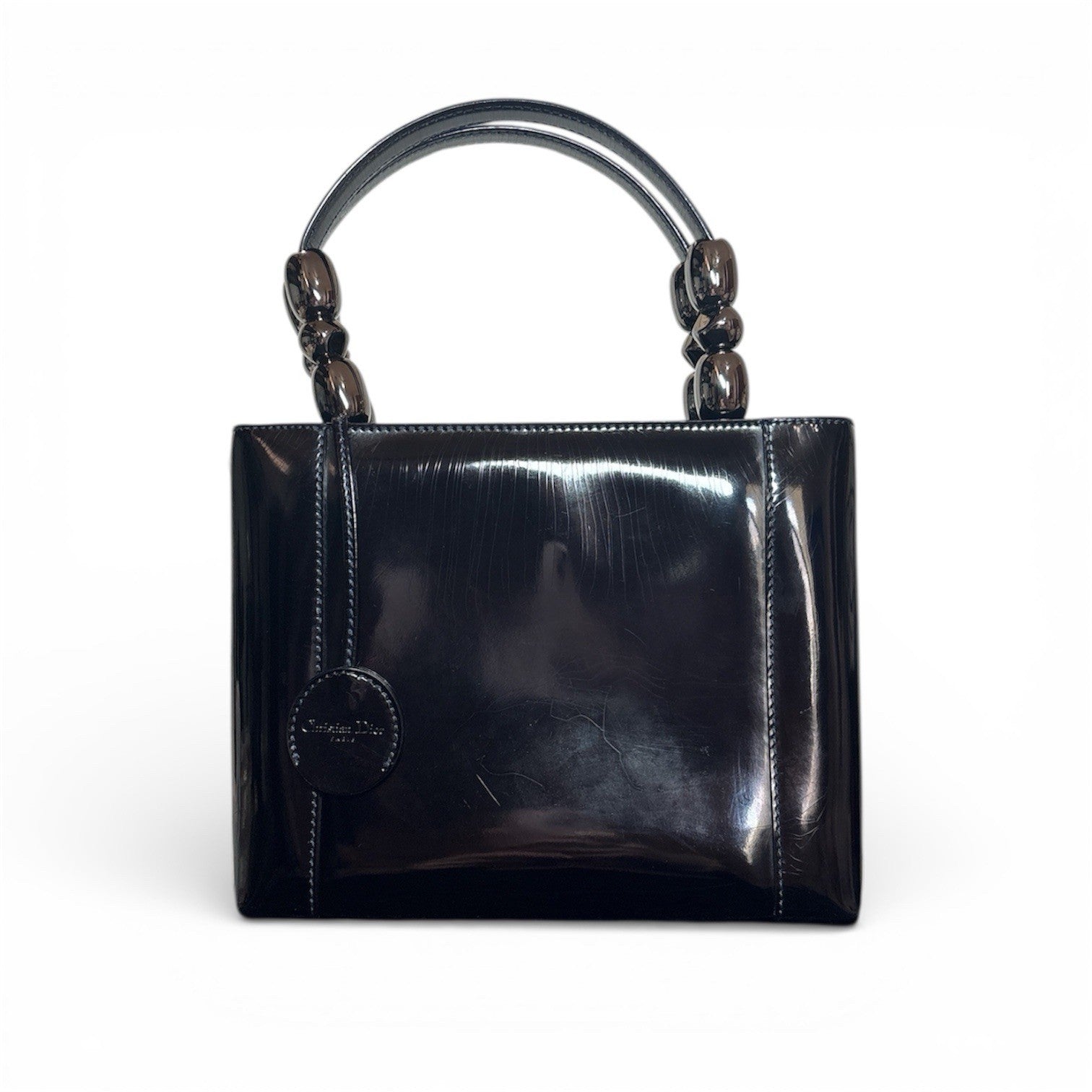 Auth Christian Dior Vintage 1999 Malice Pearl Bag Black Patent Leather Gunmetal