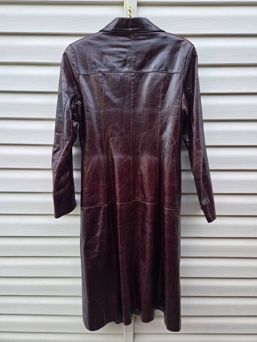 Vintage Long Leather Coat with Removable Fur Collar Brown Women's