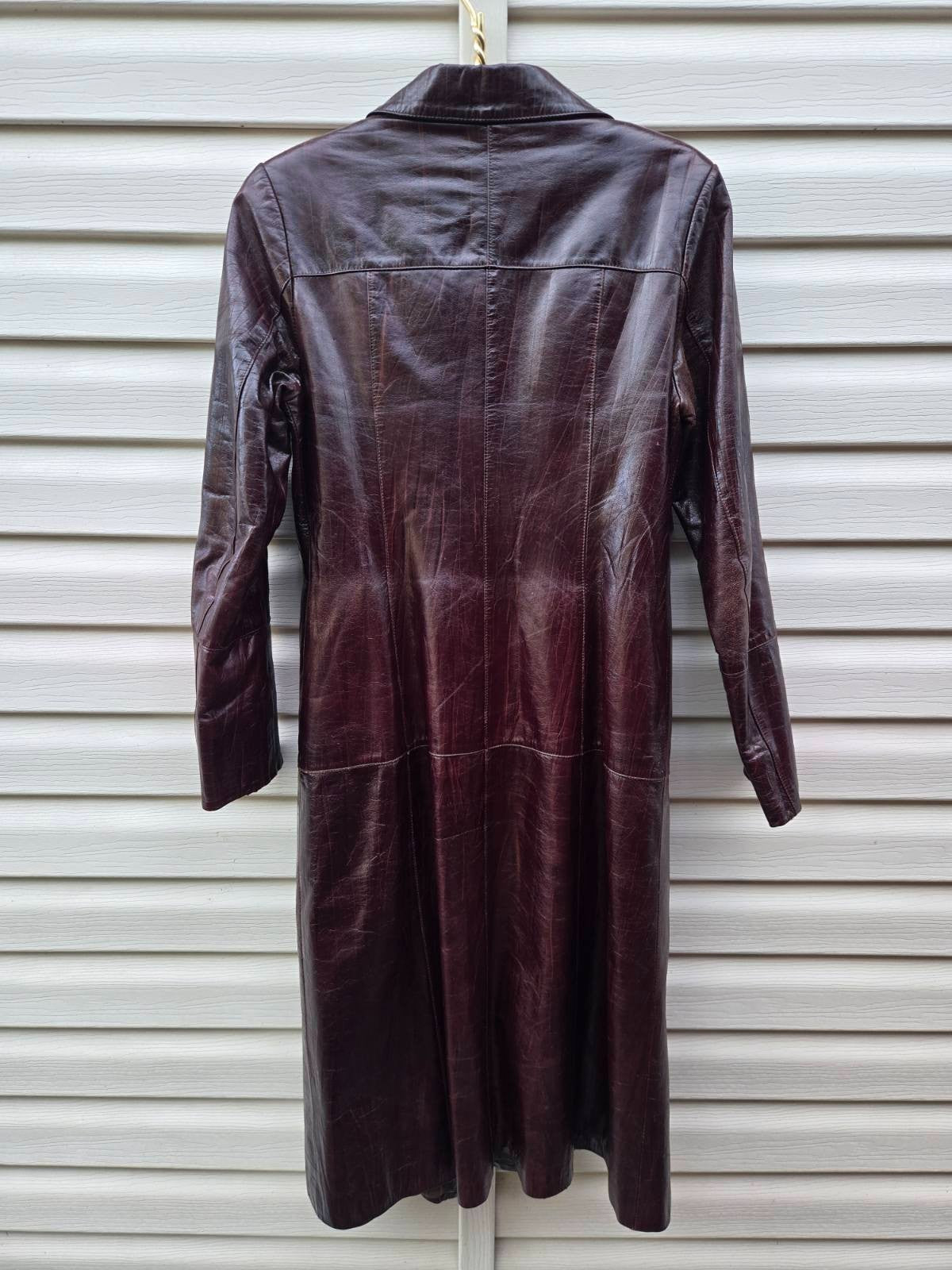 Vintage Long Leather Coat with Removable Fur Collar Brown Women's