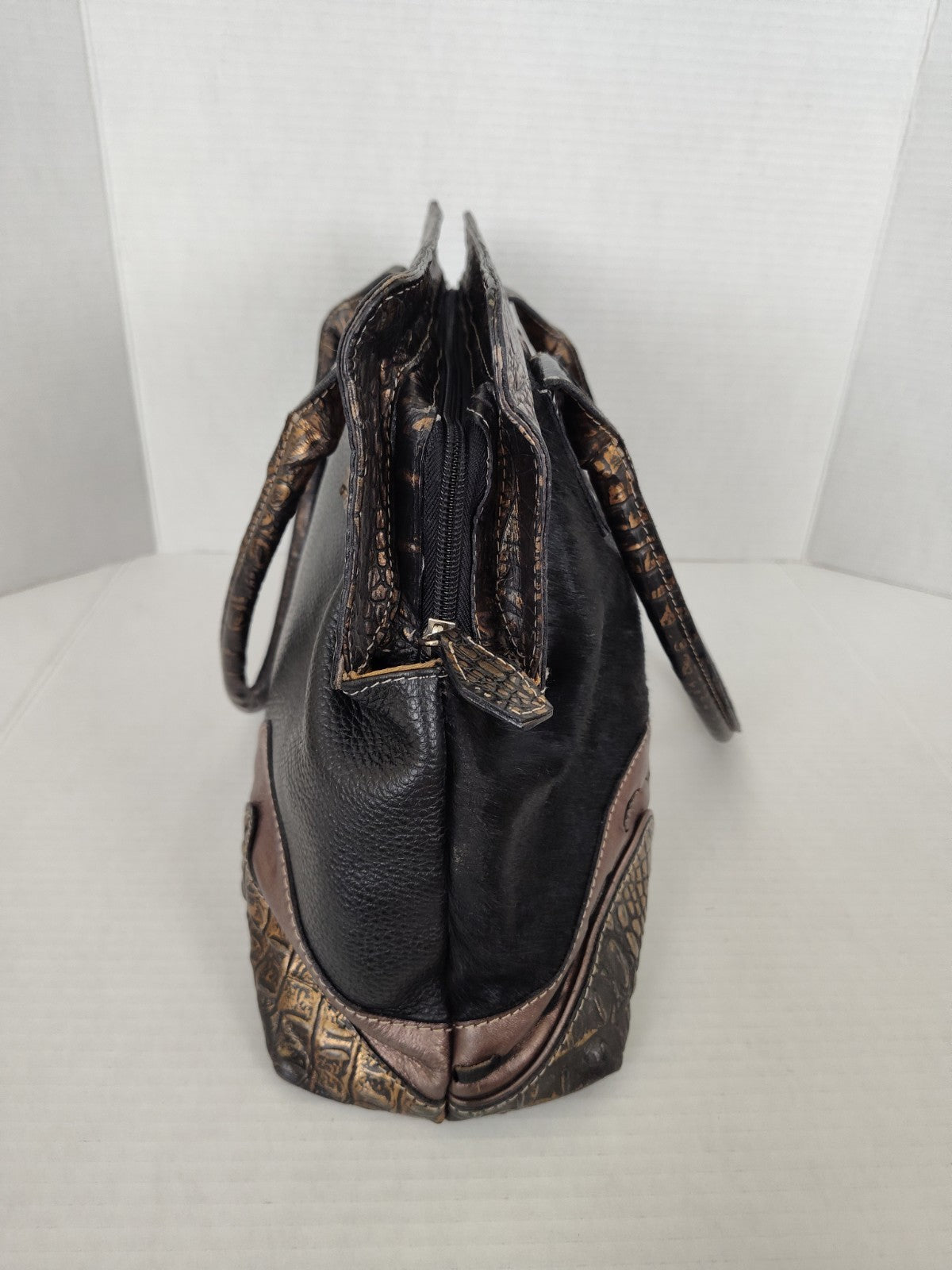 Cavalcanti Italy Black Leather Calf Hair and Cowhide Handbag