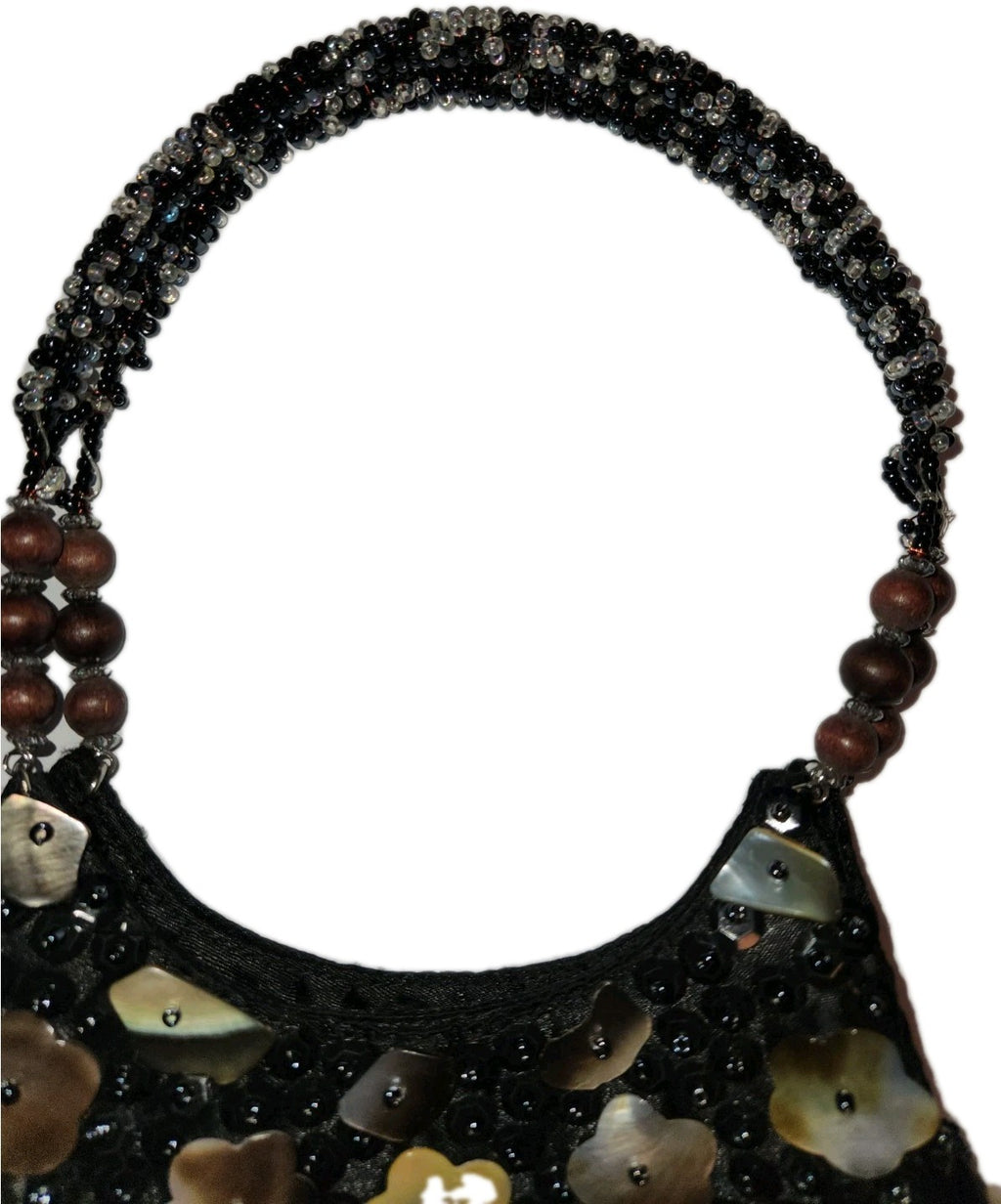 Vintage Black Satin Handbag With mother-of-pearl Shell Fringe & Beads Small 6X7"