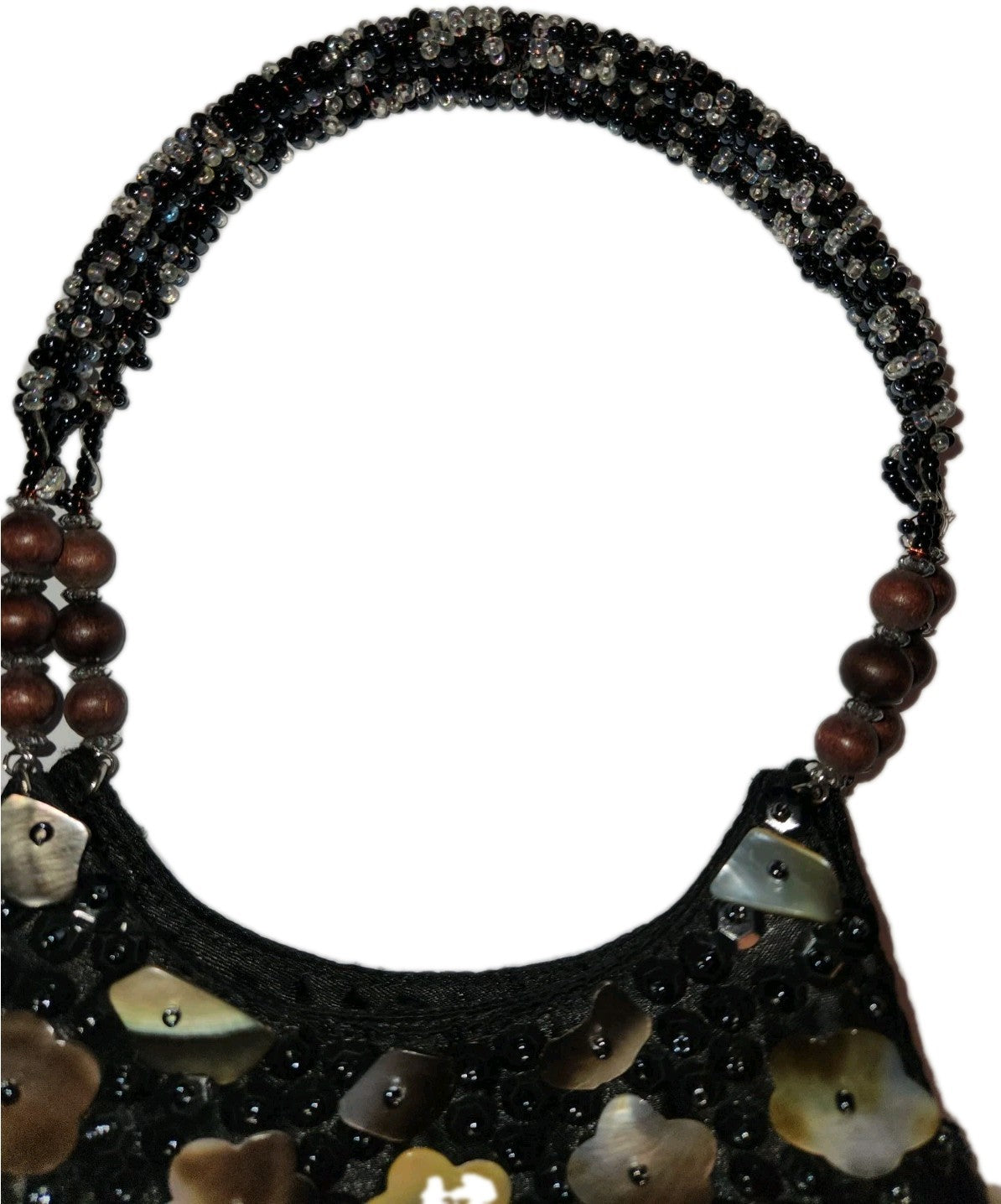 Vintage Black Satin Handbag With mother-of-pearl Shell Fringe & Beads Small 6X7"