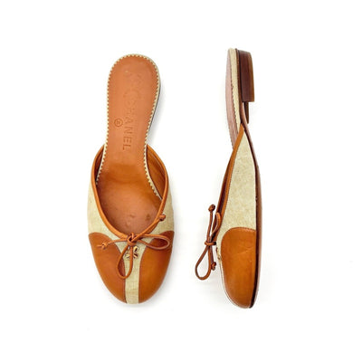 Vintage Chanel Four-Leaf Clover Bow-Embellished Canvas & Leather Mules