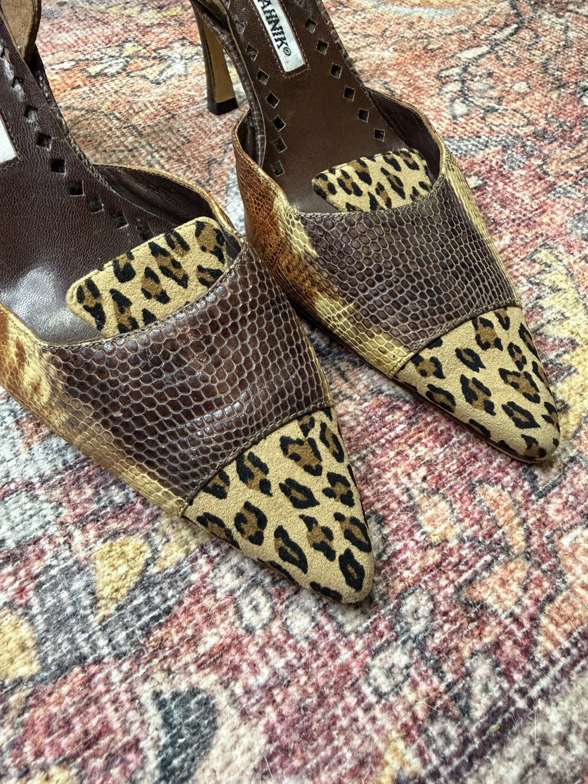 Manolo Blahnik Snakeskin Leopard Print Pointed Toe Slingback Heels US 6