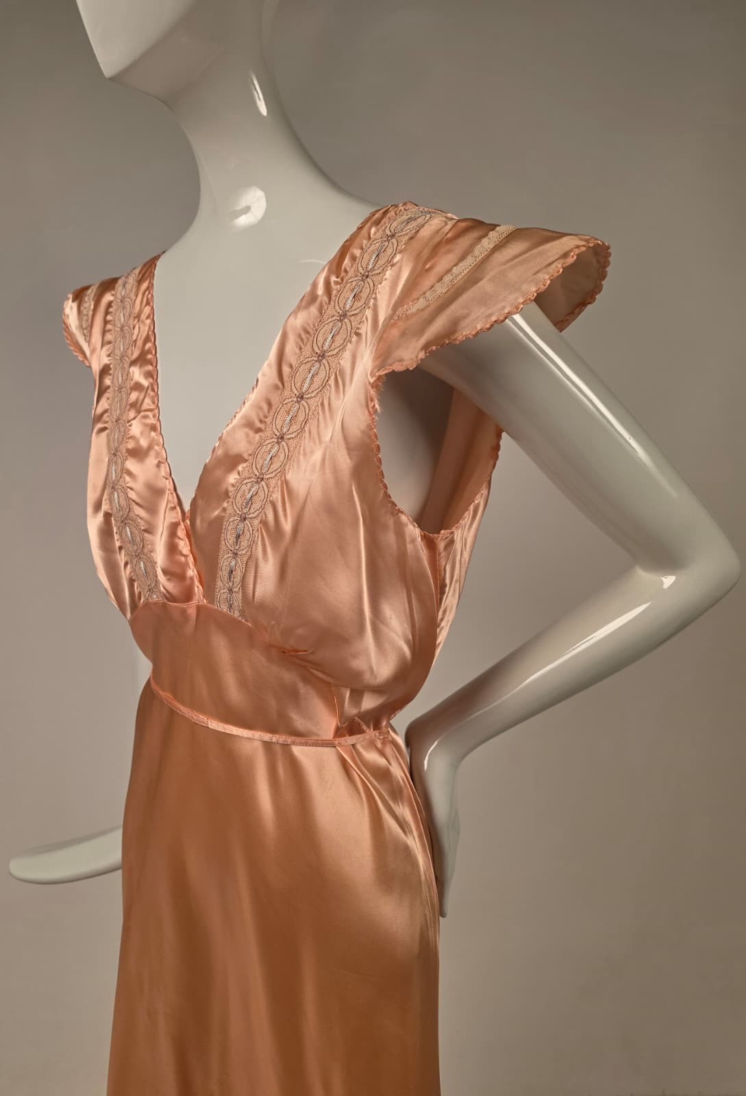 1930s Peach Acetate Slip Dress with Embroidered Ring Detail