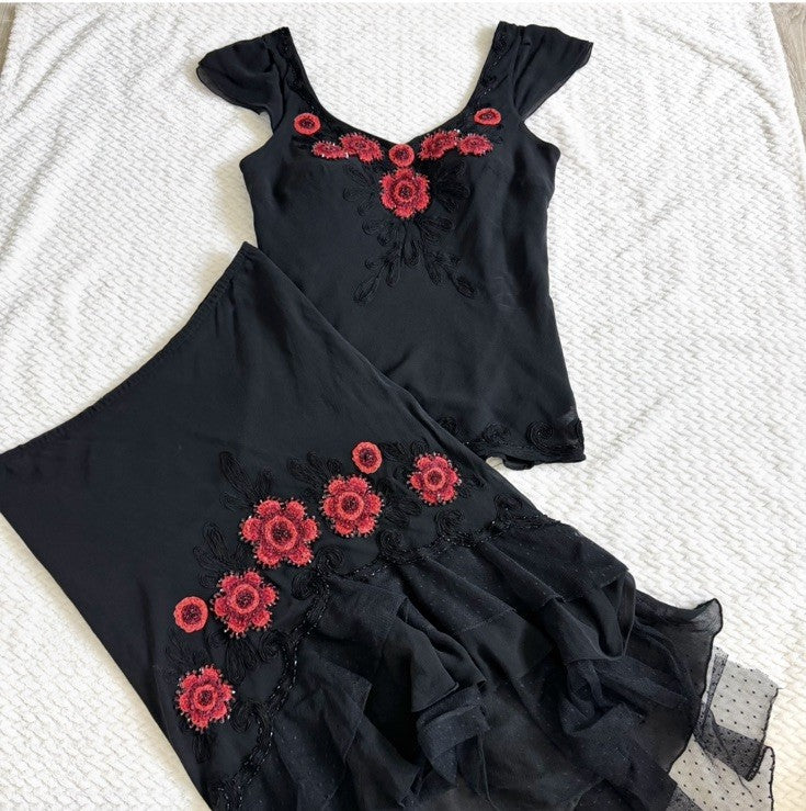 Sue Wong Vintage Silk Beaded Embroidered Skirt Top Set Size 6 Black