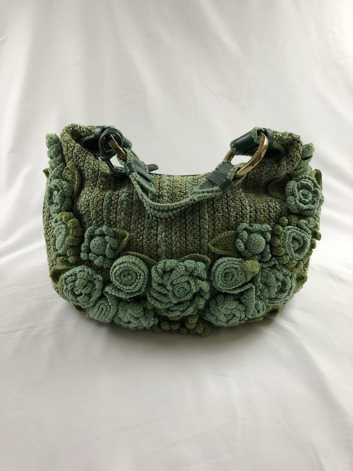 Isabella Fiore Green Crochet Floral Applique Shoulder Bag