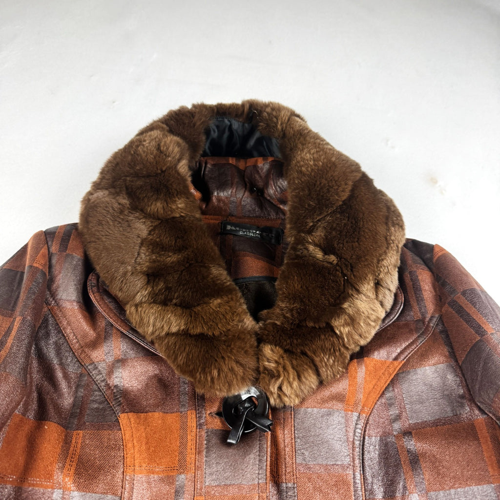 Vintage Brown Plaid Leather Jacket with Fur Collar