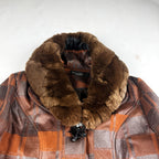 Vintage Brown Plaid Leather Jacket with Fur Collar