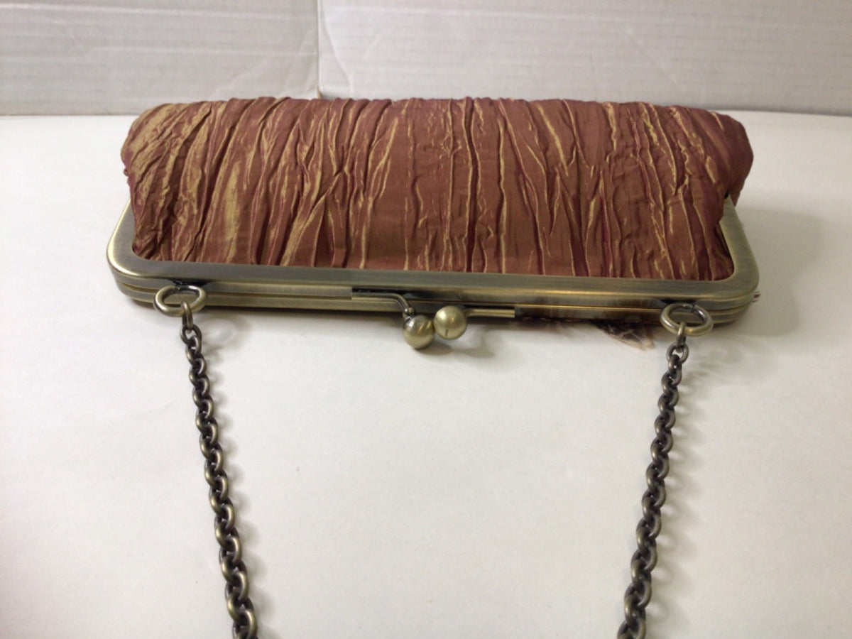 Satin Pleated Evening Clutch with Feather Beading in Bronze