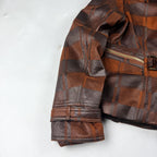Vintage Brown Plaid Leather Jacket with Fur Collar