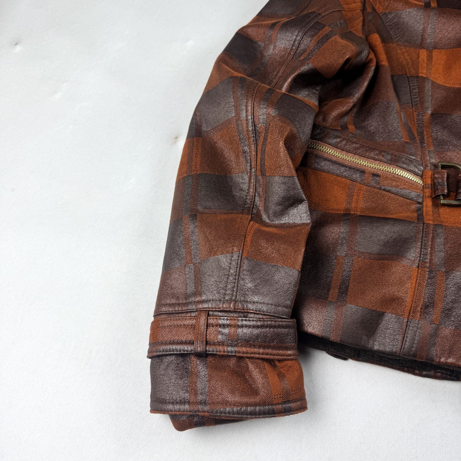 Vintage Brown Plaid Leather Jacket with Fur Collar