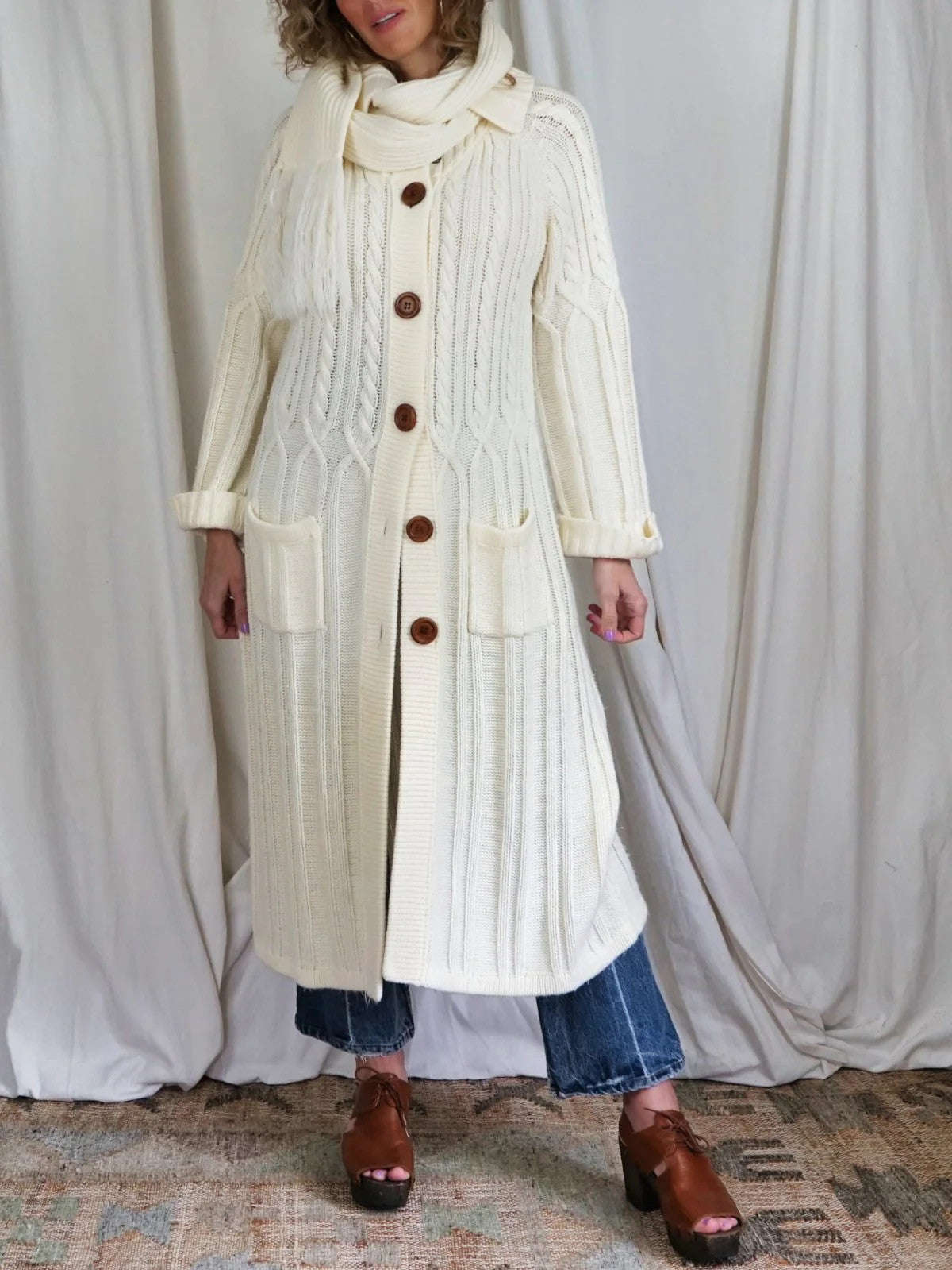 Vintage 70's Ivory Boho Long Cable Knit Scarf Duster Sweater Maxi Coat / S/M