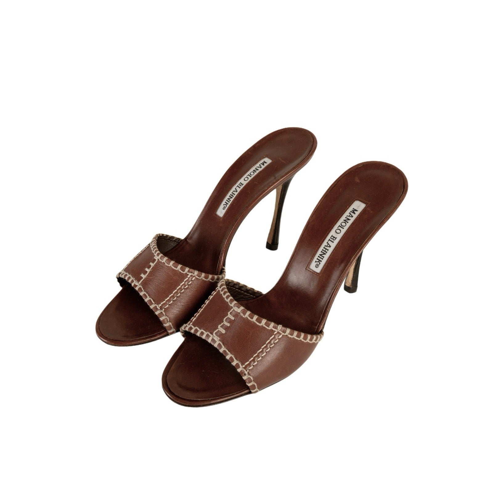 Manolo Blahnik Brown Leather Stitched Sandal Heels