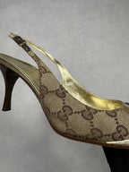 Gucci Vintage GG Monogram Canvas Slingback Pumps Leather Cap Toe EU 37