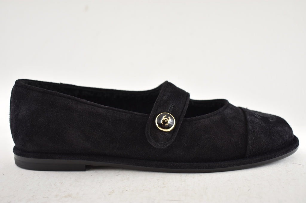 Chanel 25B Black Suede Shearling Fur Mary Jane Moccasin Ballet Loafer Flat 38