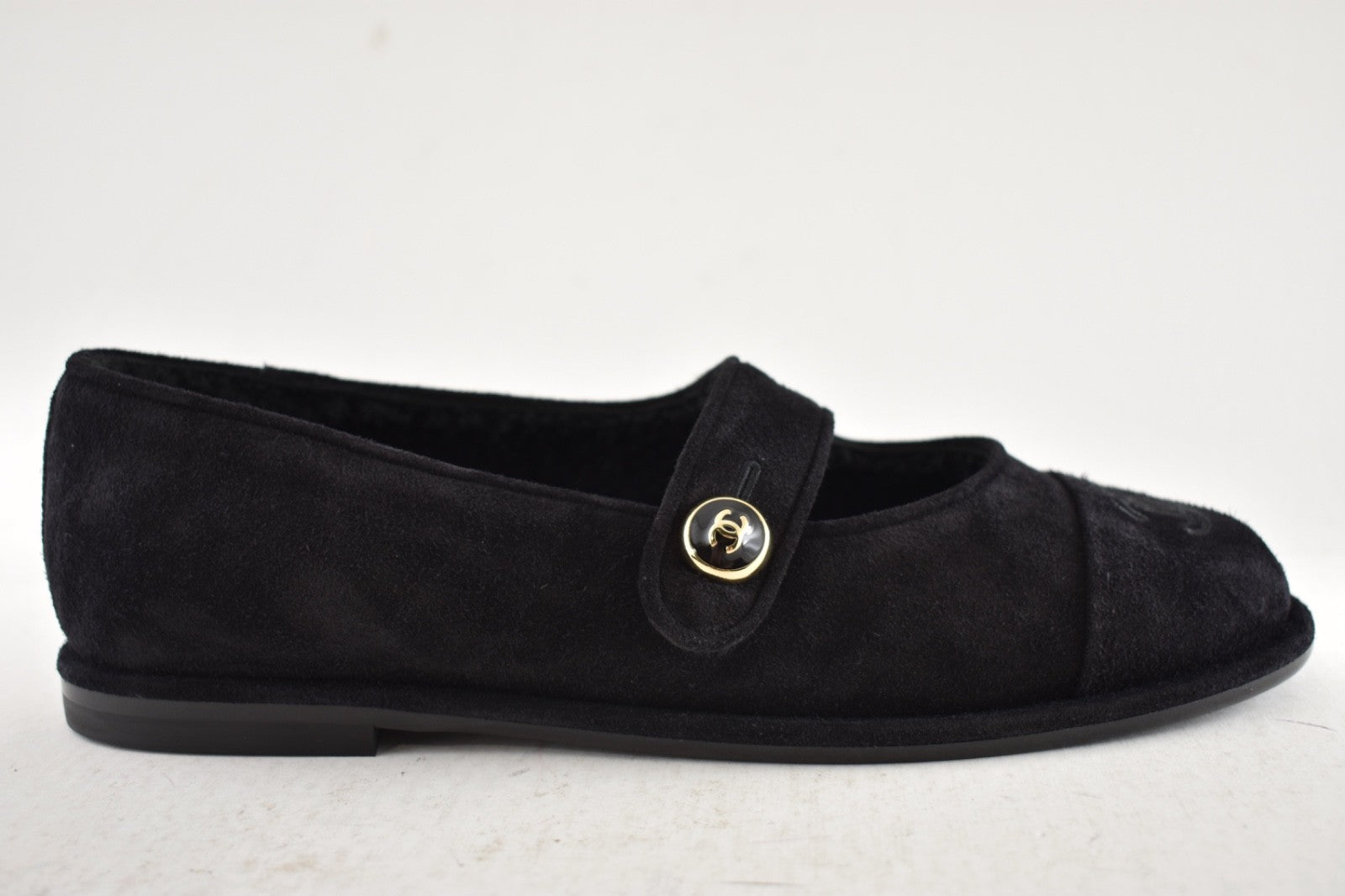 Chanel 25B Black Suede Shearling Fur Mary Jane Moccasin Ballet Loafer Flat 38