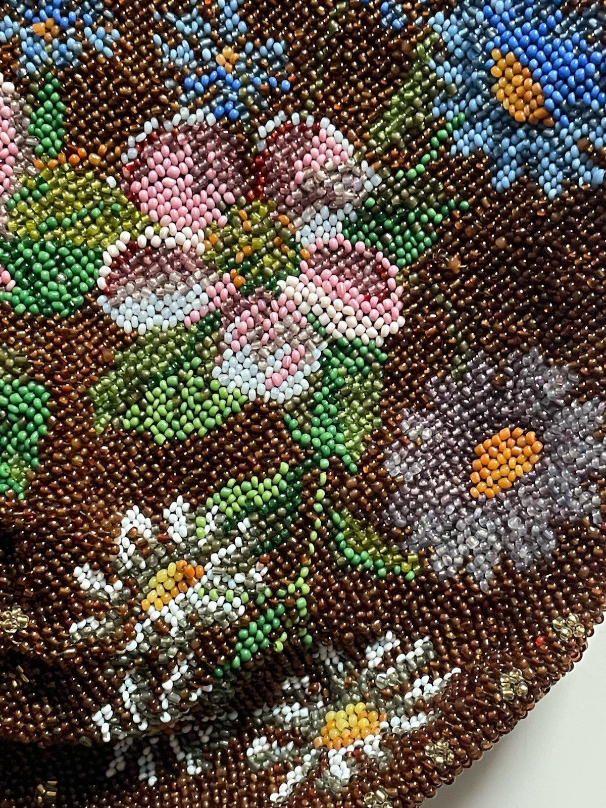 Antique Glass Seed Beaded Silk Lined Pouch Purse Floral Brown