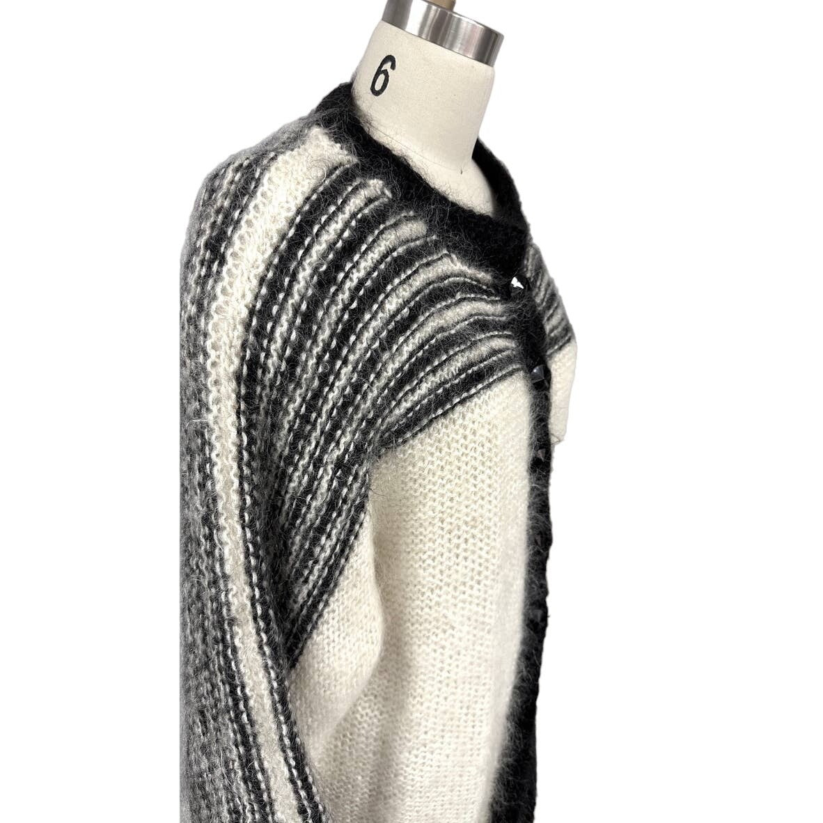 VTG 80s Nannell Mohair Sweater Coat Cream Black Striped Yoke Mod Articore M