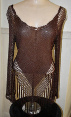 Vintage Long Sleeve Sheer Crochet Top Brown Beaded Fringe Y2K