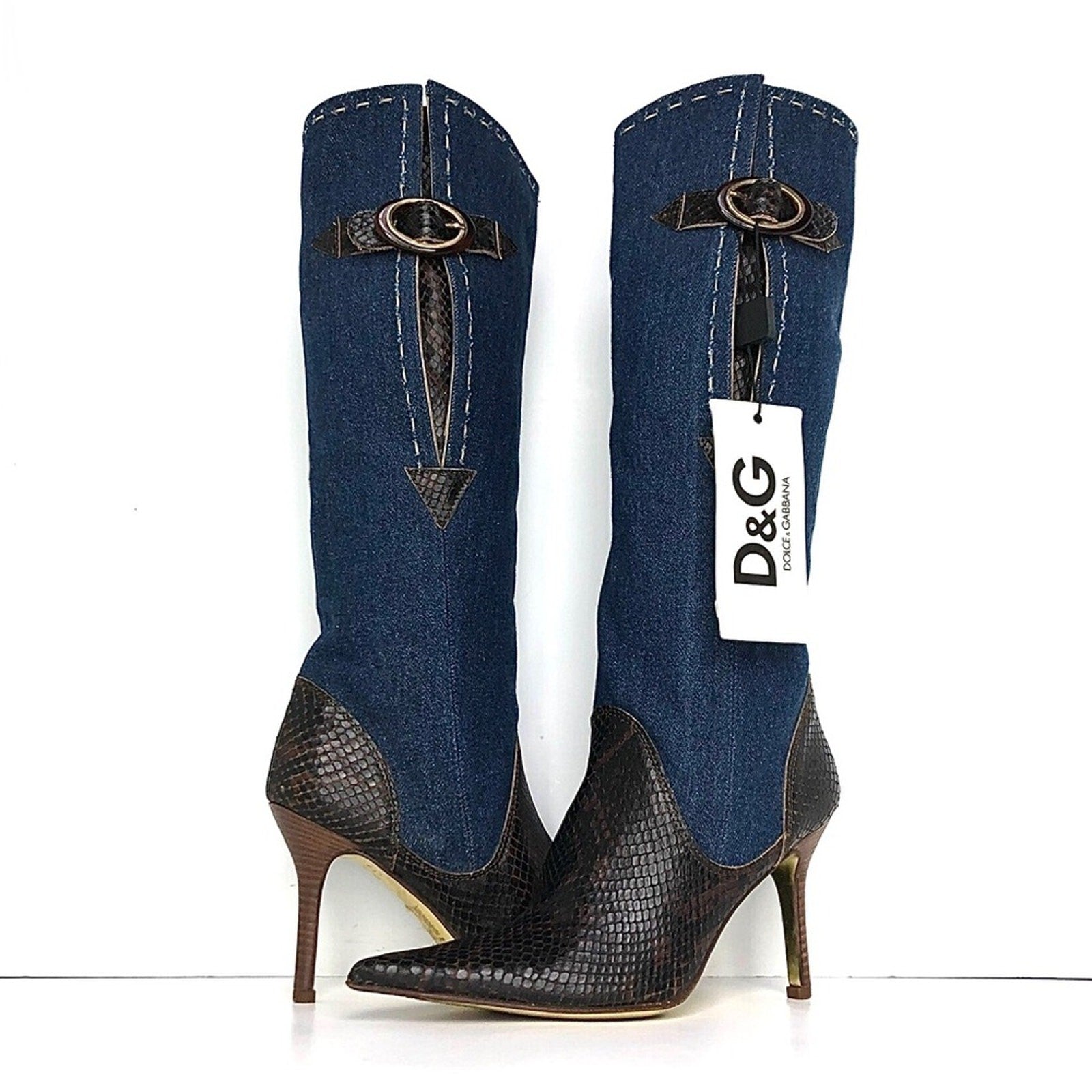 Vintage Dolce and Gabbana Denim Snakeskin Tall Pointed Toe Heeled Boots 35