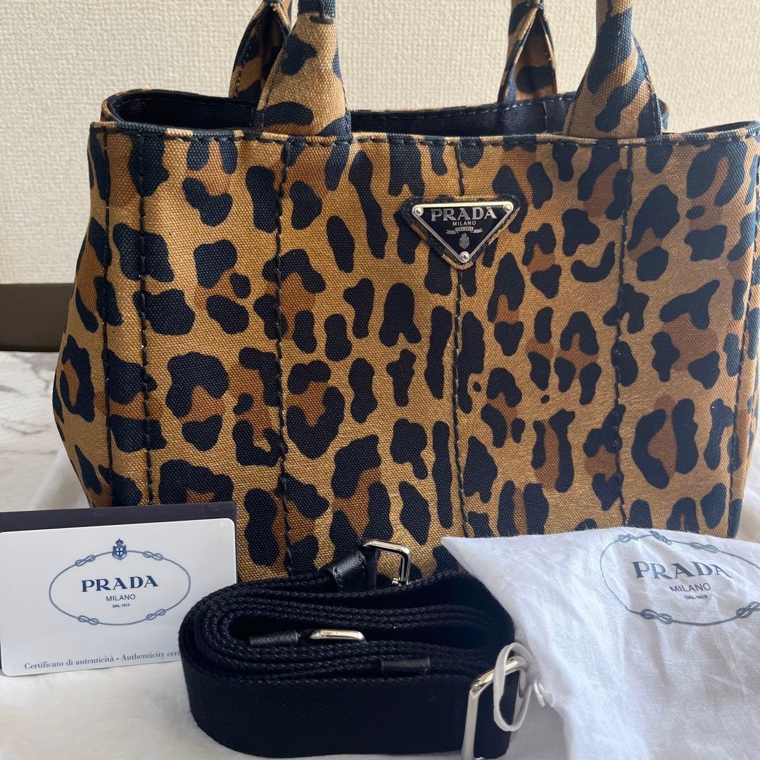 PRADA Canapa Leopard Print 2Way Tote Bag Brown Canvas USED from Japan #SA