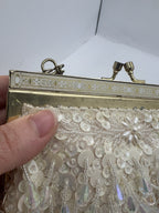 Vintage Evening Bag White/Cream Beaded Clutch Purse W/Chain Handle - Hong Kong