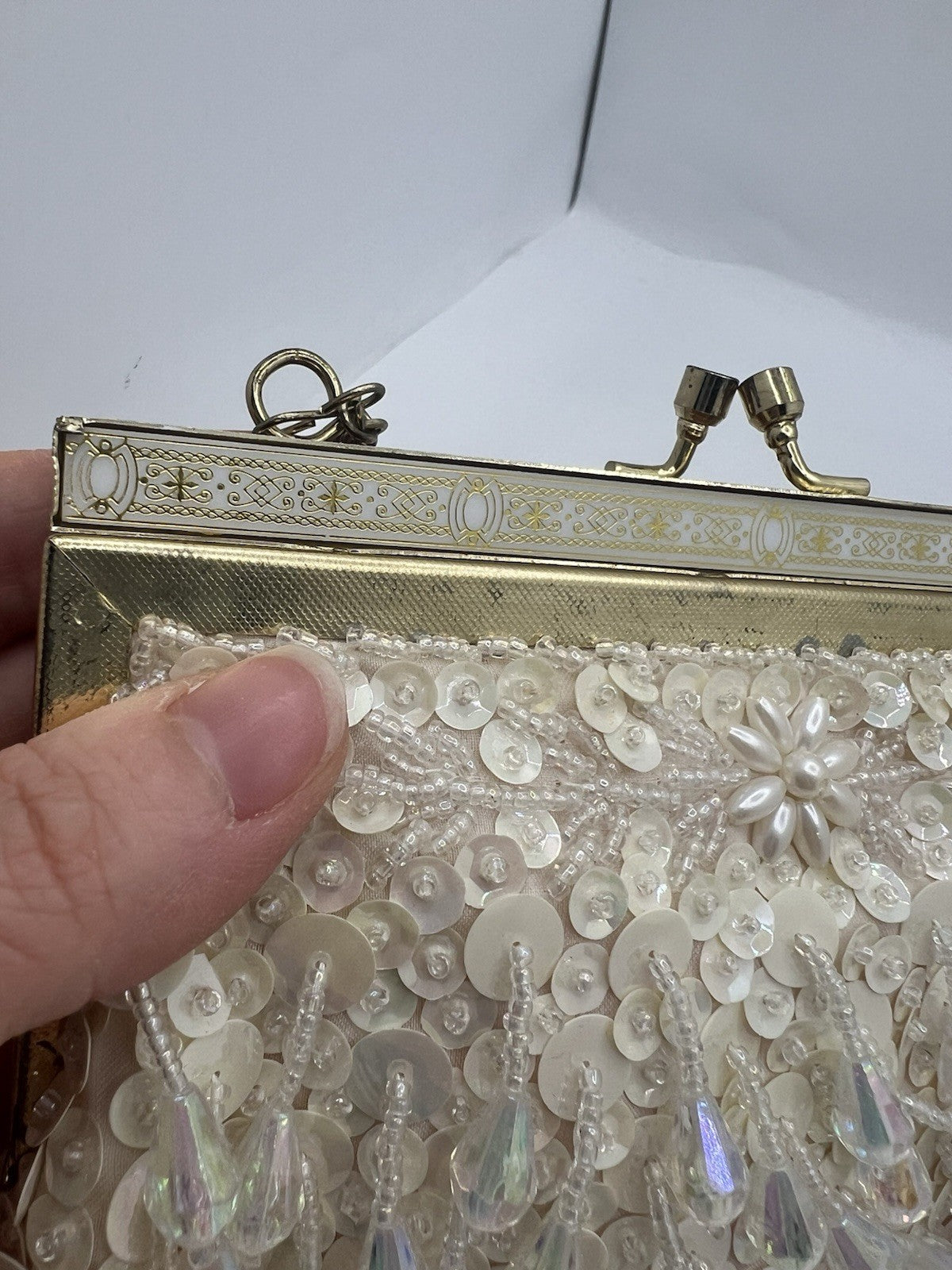 Vintage Evening Bag White/Cream Beaded Clutch Purse W/Chain Handle - Hong Kong
