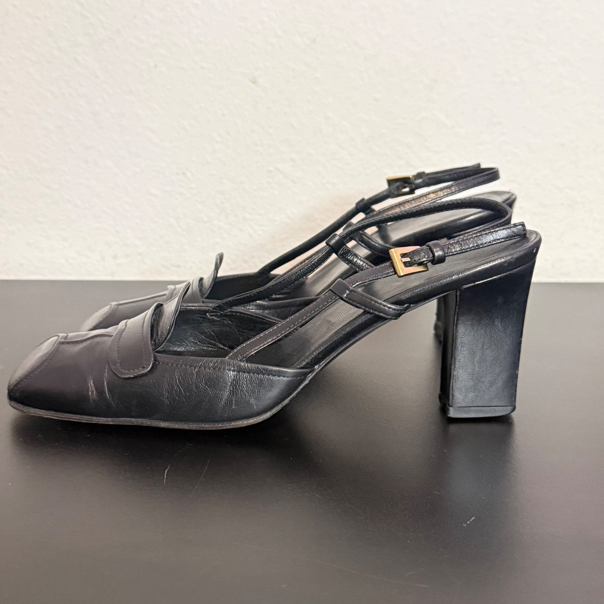 Prada Black Leather Square Toe Slingback Pump Size 35.5