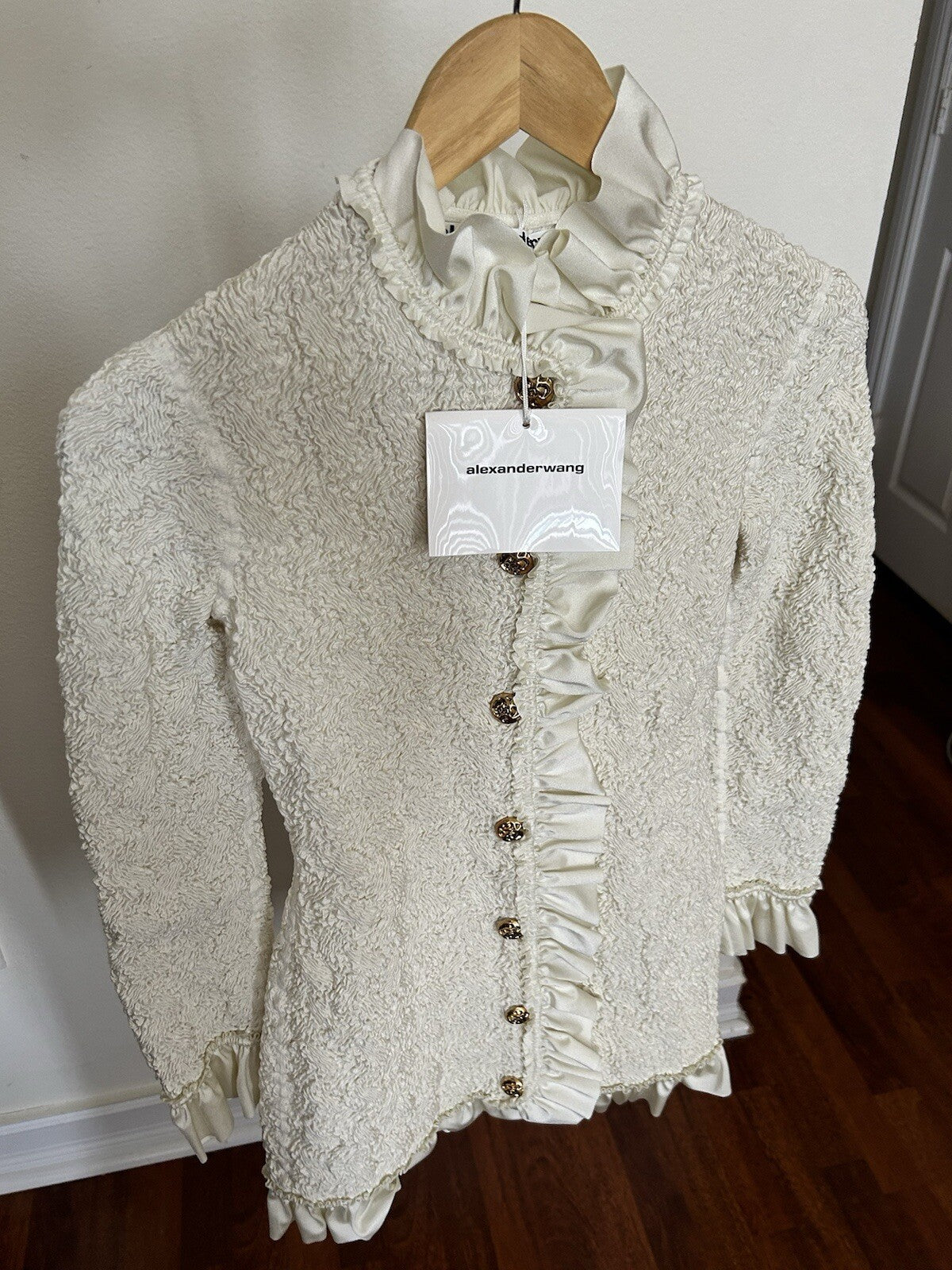 Alexander Wang Smocked Ruffle Long Jacket Dress S In Vintage White