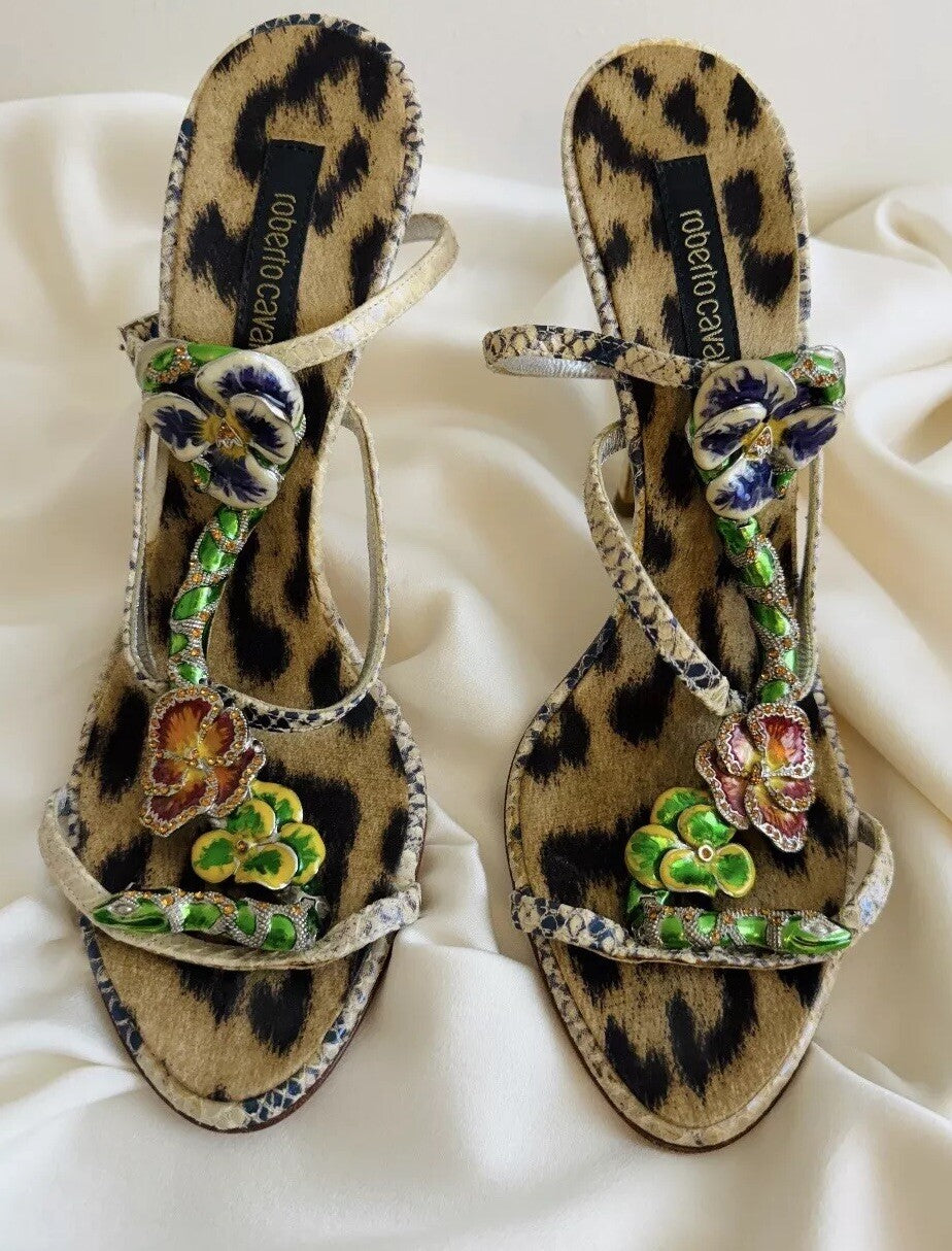 Roberto Cavalli 2000s Snake and Flower Enamel Rhinestone Heels