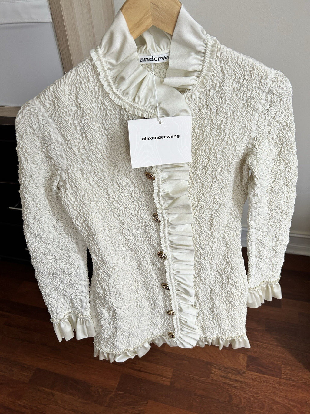 Alexander Wang Smocked Ruffle Long Jacket Dress S In Vintage White