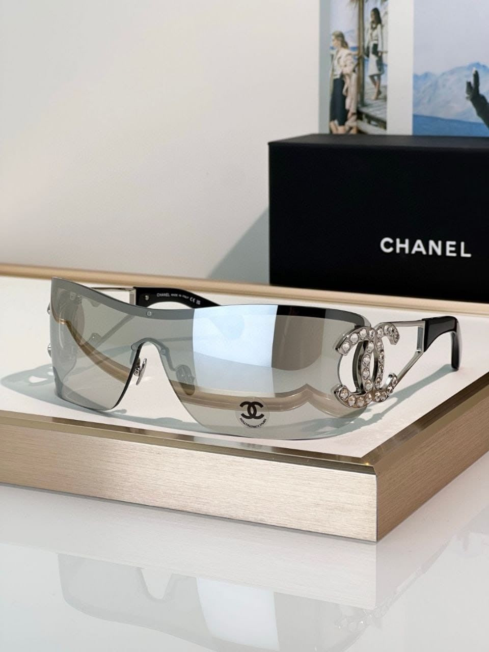CHANEL Shield Sunglasses Gray Visor 5468 Authentic Logo CC Unisex