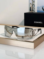 CHANEL Shield Sunglasses Gray Visor 5468 Authentic Logo CC Unisex