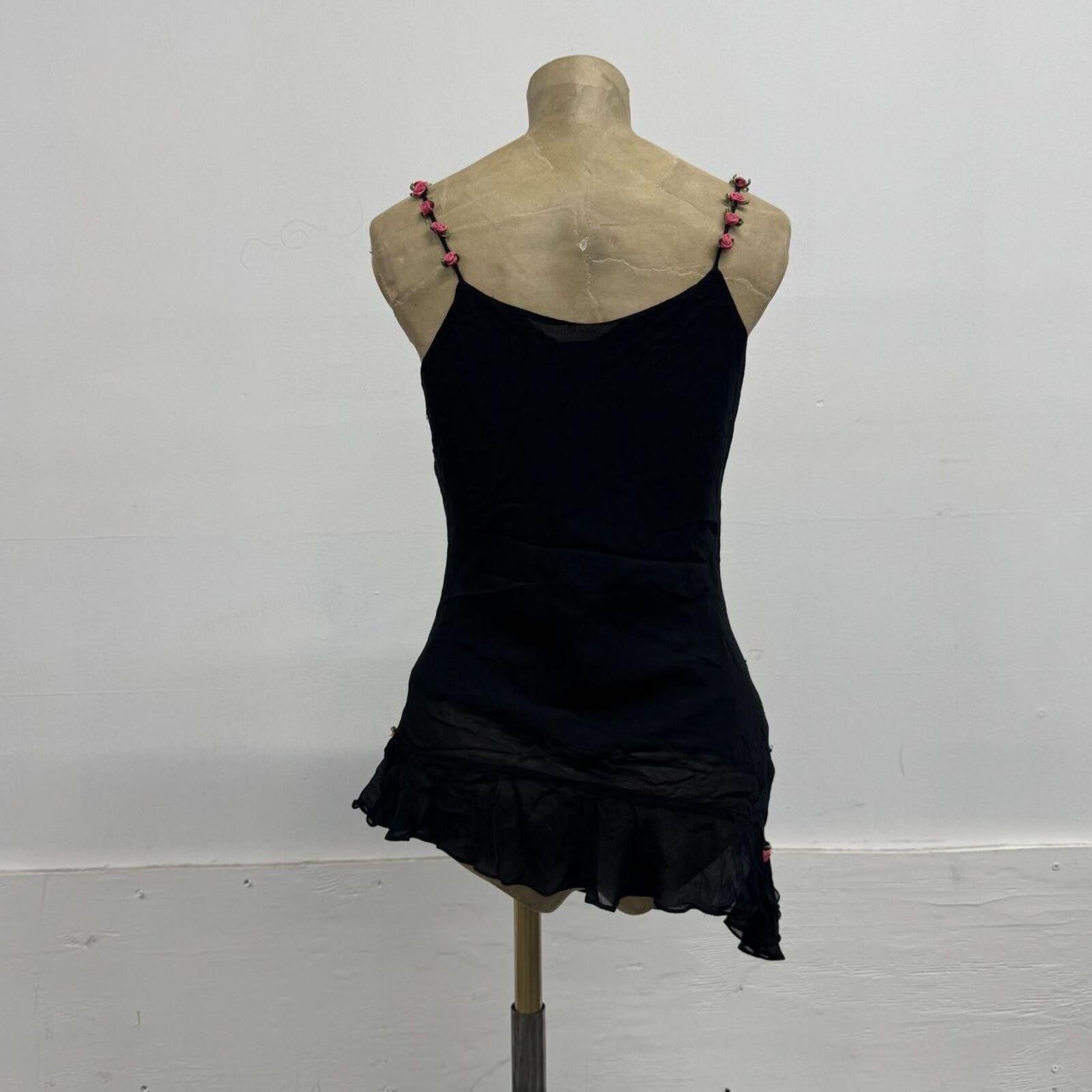 Deadstock Vintage Y2K Rosette Embellished 100% Mulberry Silk Slip Black