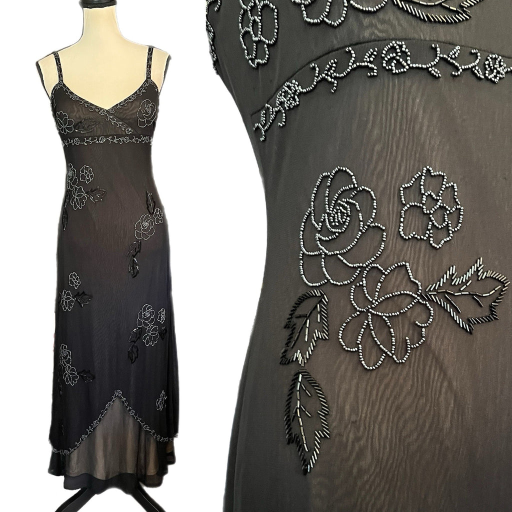 Vintage Caché Sheer Mesh Beaded Floral Slip Dress