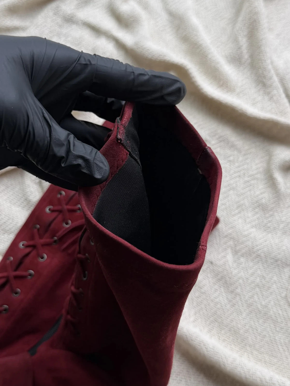 Vintage Burgundy Suede Knee High Boots Pointed Toe Stiletto Heels Lace Up