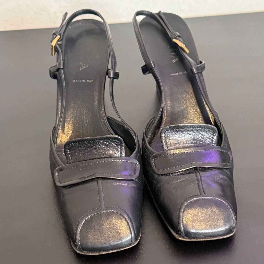 Prada Black Leather Square Toe Slingback Pump Size 35.5