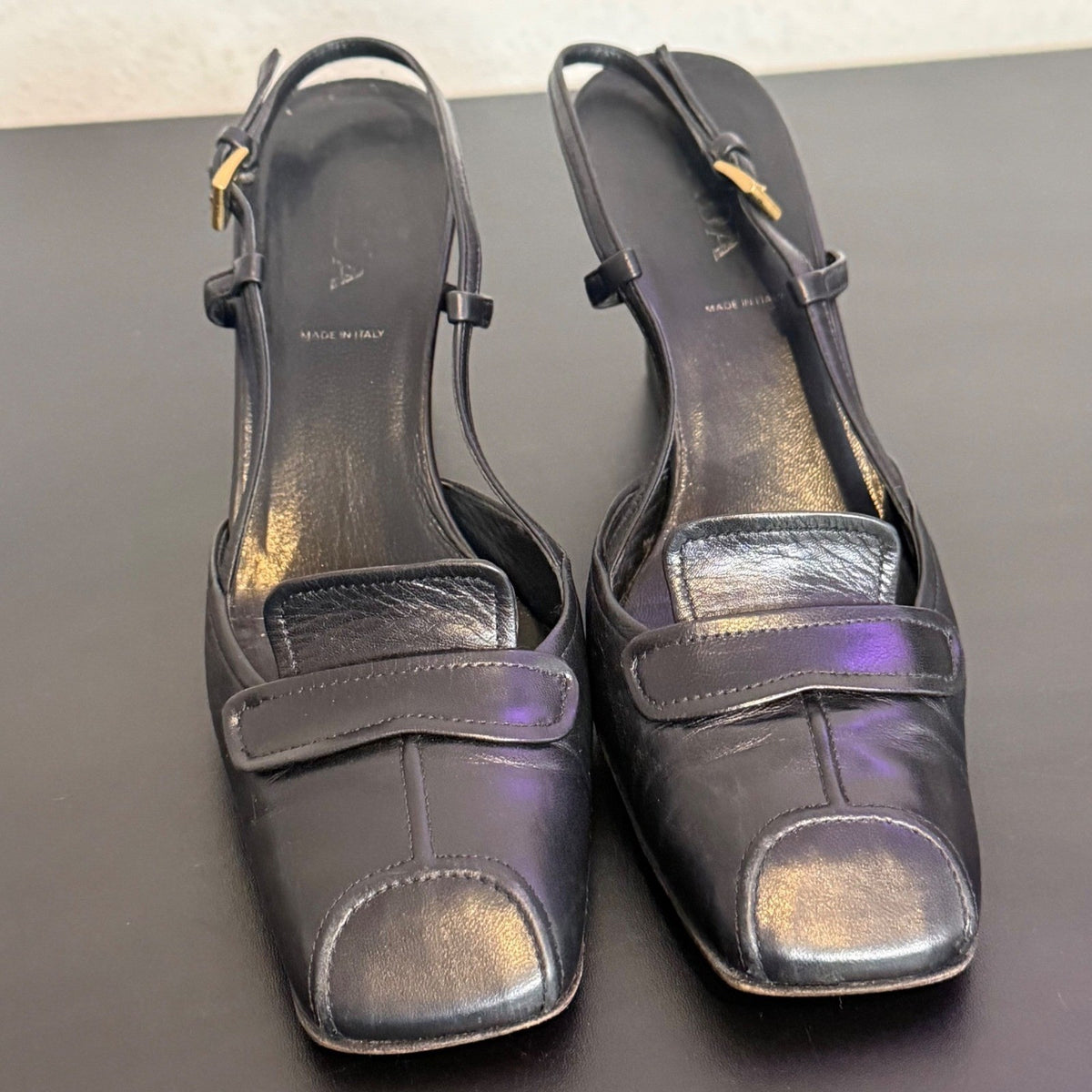 Prada Black Leather Square Toe Slingback Pump Size 35.5