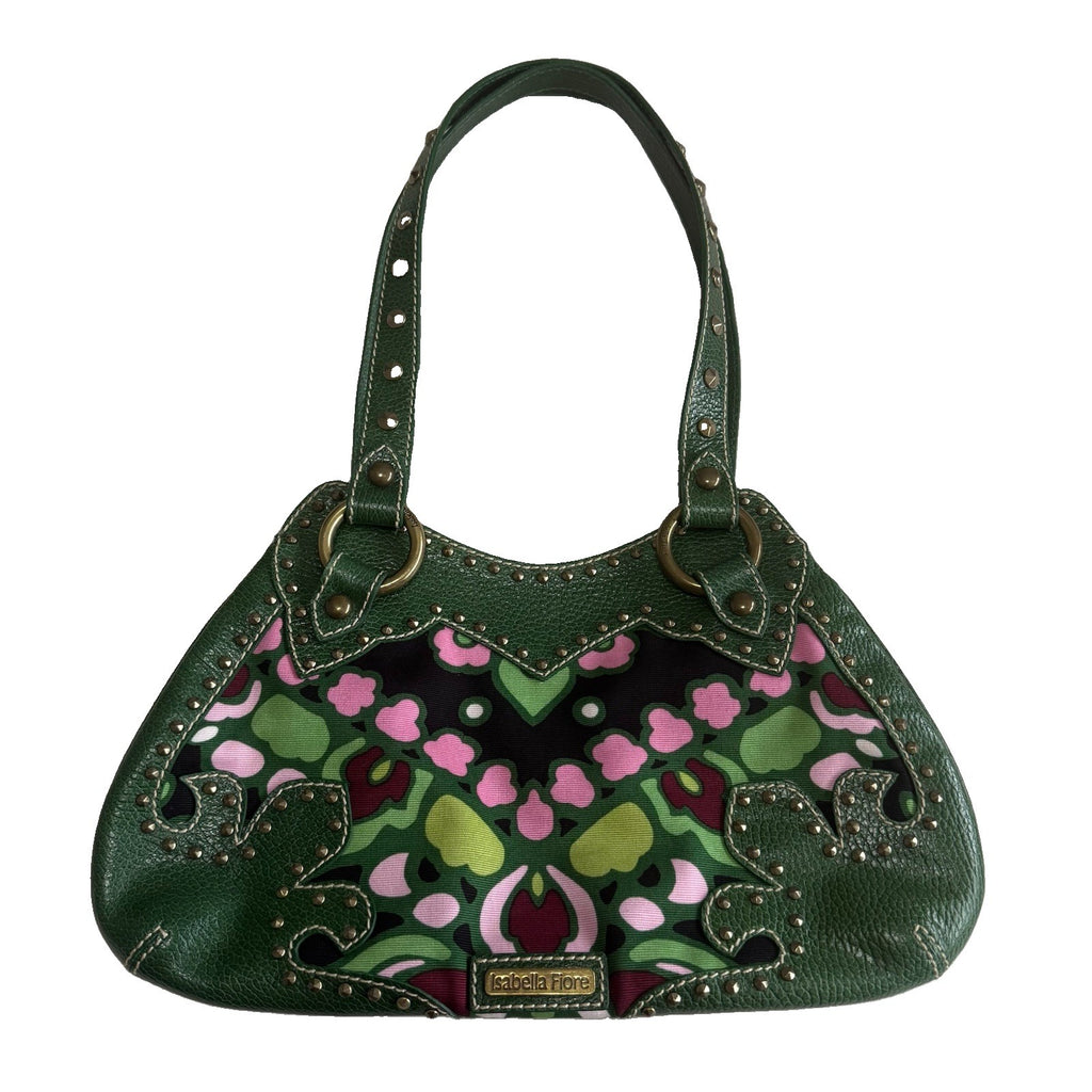 Isabella Fiore Green Floral Abstract Studded Shoulder Bag