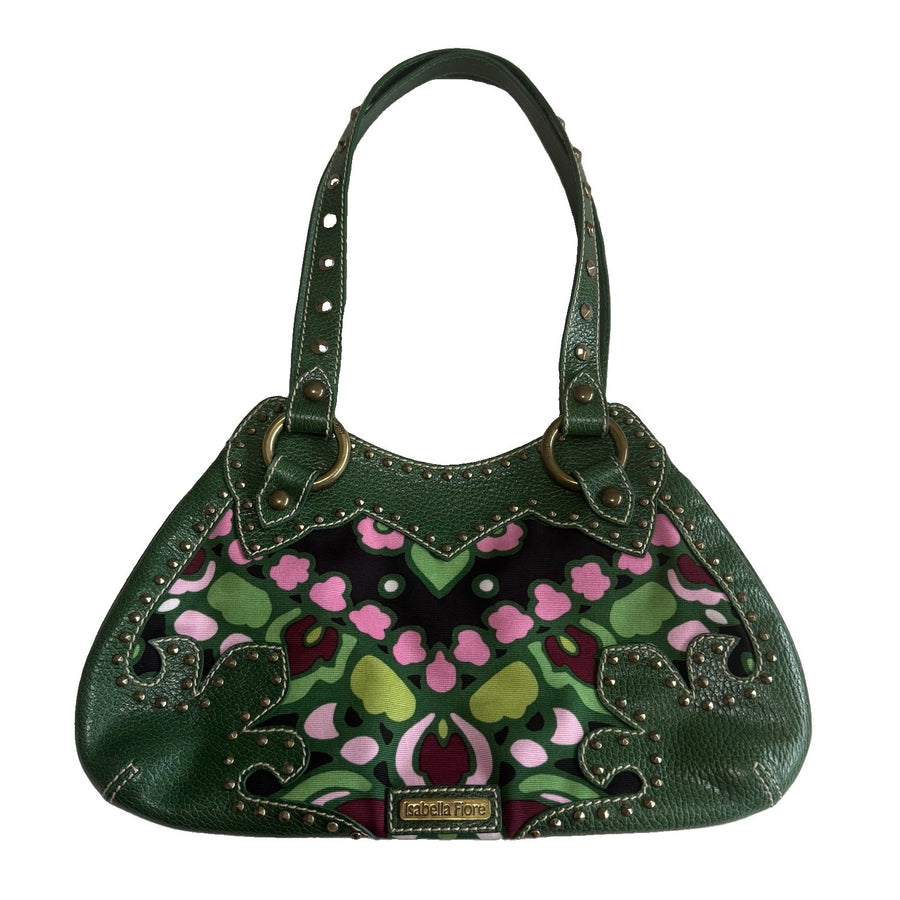 Isabella Fiore Green Floral Abstract Studded Shoulder Bag
