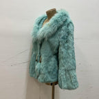 Y2K Turquoise Rabbit and Fox Fur Pom Pom Jacket