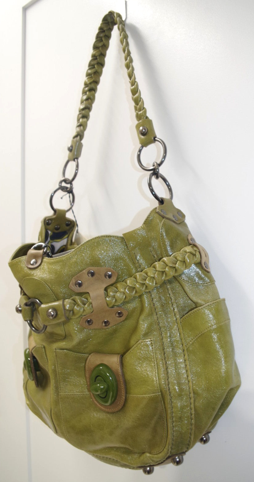 Jamin Puech Green Patent Leather Handbag with Braided Belt