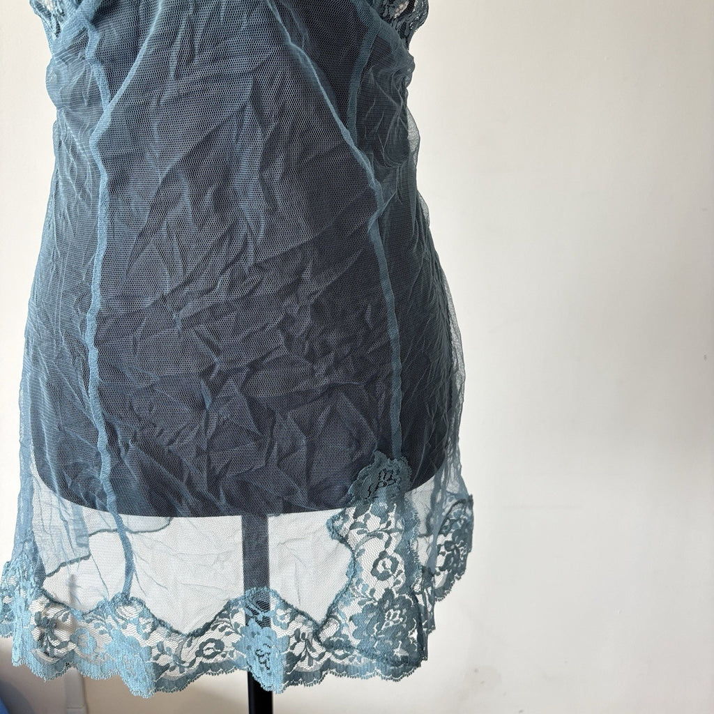 VTG Victoria’s Secret Blue Babydoll Dress Sheer Size M Sequin Lace Romantic Y2K